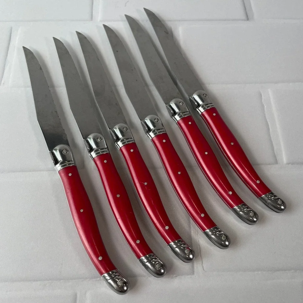 Laguiole Jean Dubost Steak Knife Set 6 Piece Red Handles French Stainless Steel